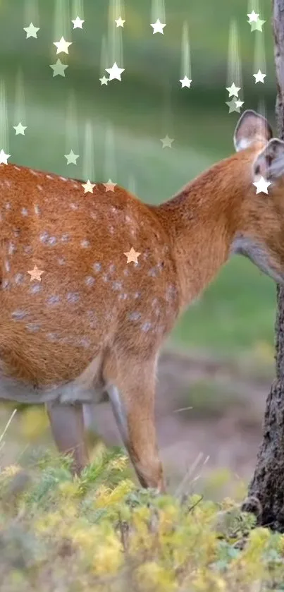 Tranquil deer with sparkling stars in a mystical forest setting.