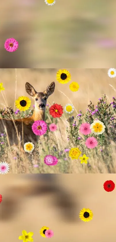 Deer standing in a colorful flower meadow with a blurred background.