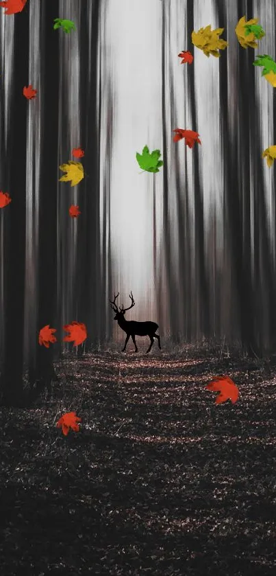 A black silhouette of a deer in a mystical forest with colorful falling leaves.