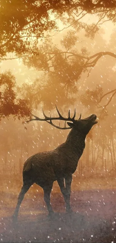 A majestic deer stands in a misty forest at sunrise.