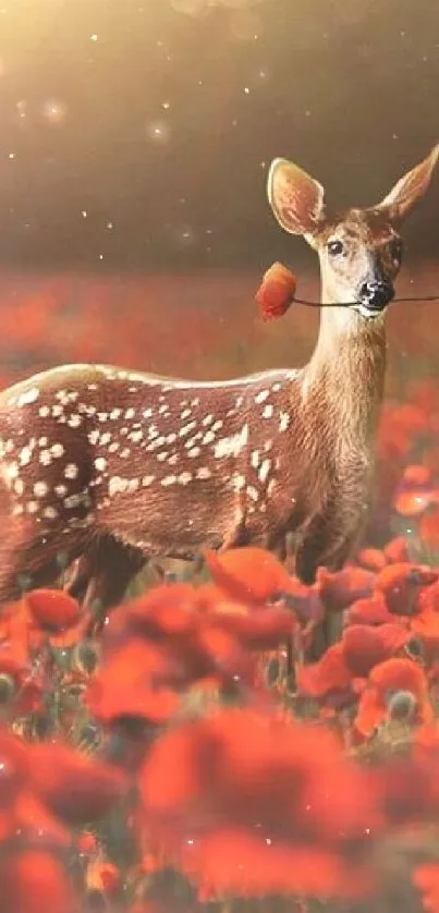 Deer in a vibrant poppy field at sunset, peaceful and scenic.