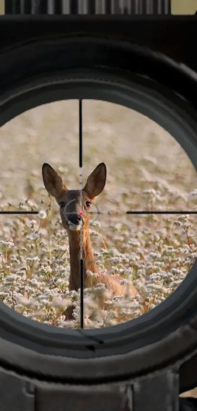 Deer in focus through a riflescope on a serene nature backdrop.