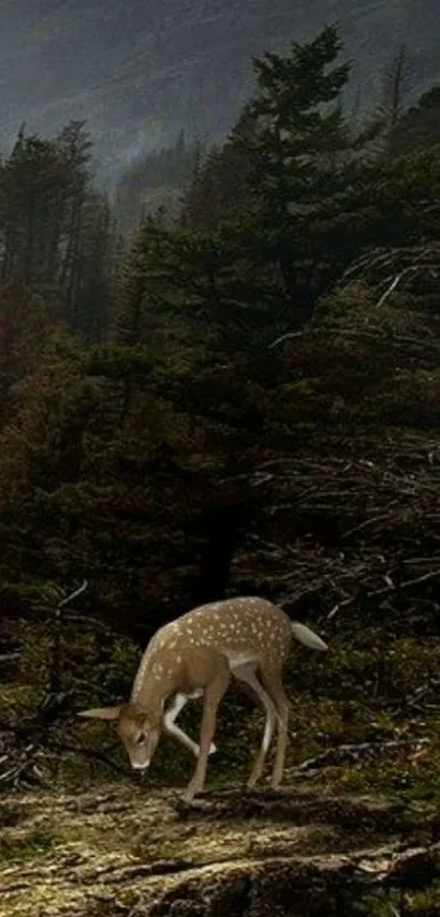 Deer grazing in a tranquil, dense forest.