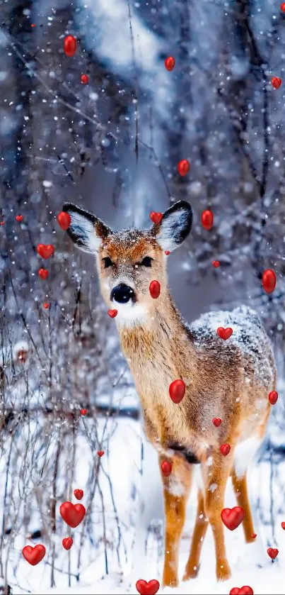 Deer in snowy forest with red hearts falling gracefully.