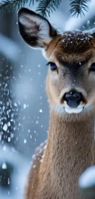 A gentle deer standing calmly in a snowy winter forest.