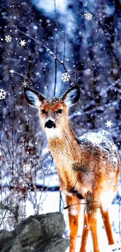 Majestic deer in snowy forest with falling snowflakes.