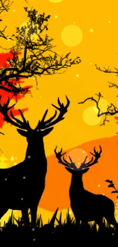 Silhouetted deer in vibrant sunset scenery with orange hues and branches.