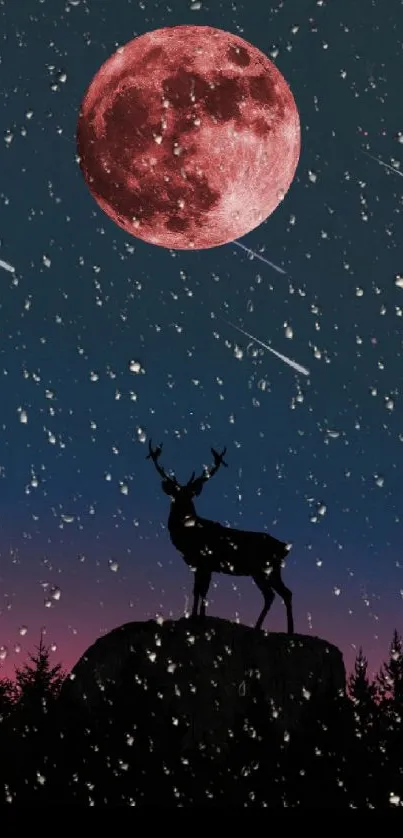 Deer silhouette against red moon in starry night wallpaper.