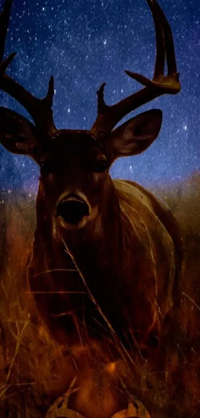 Majestic deer against a starry night sky in this captivating wallpaper.