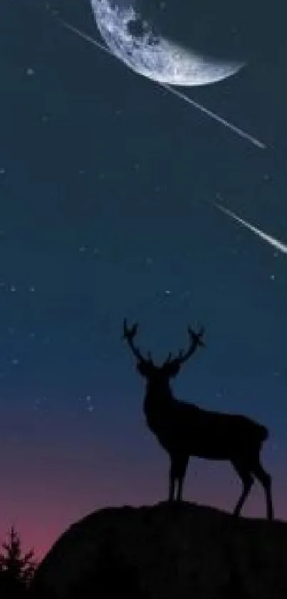 Silhouette of a deer under a starry night sky with a crescent moon.