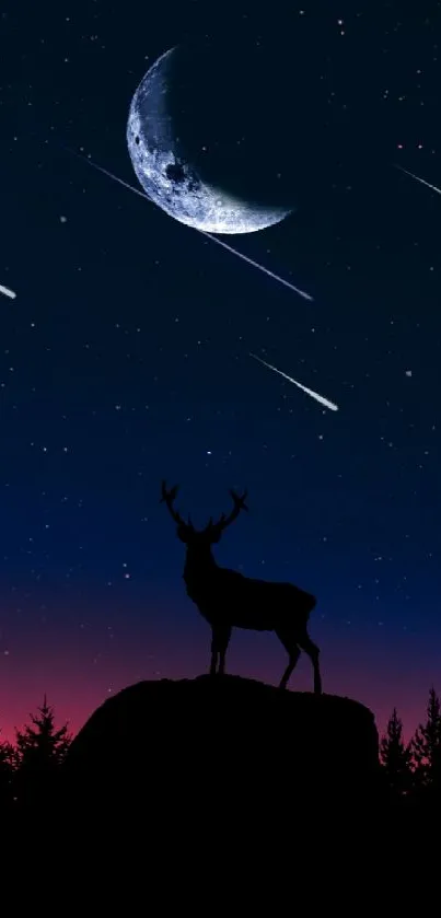 Silhouetted deer under starry night sky with crescent moon and shooting stars.