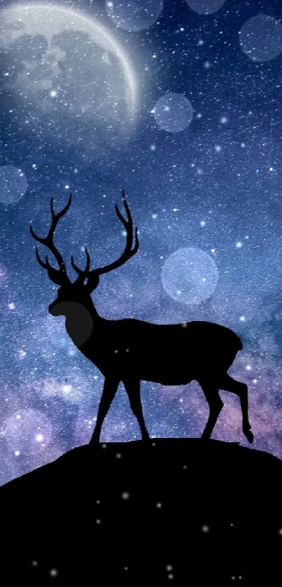 Deer silhouette with a starry galaxy background and crescent moon.