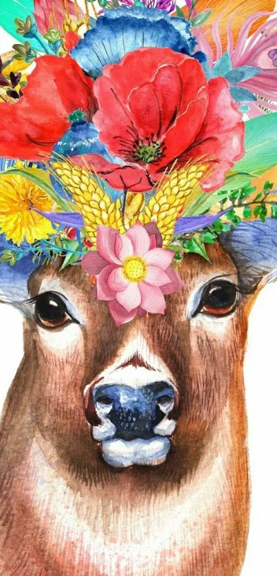 Artistic deer with a vibrant floral crown.