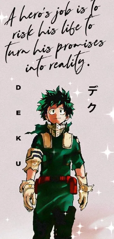 Deku anime wallpaper with motivational quote and colorful artwork.