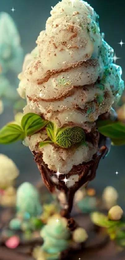 Fantasy-inspired 3D ice cream cone with mint leaves and chocolates.