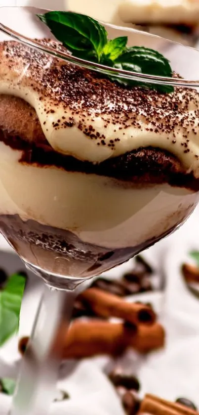 Delicious tiramisu in a glass with creamy layers and cocoa, garnished with a mint leaf.