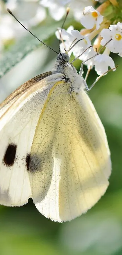 Delicate butterfly perched on white blossoms with a soft yellow hue background.