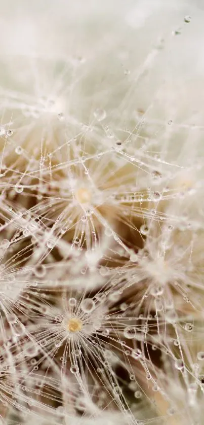 Close-up view of delicate dandelion seeds with droplets.