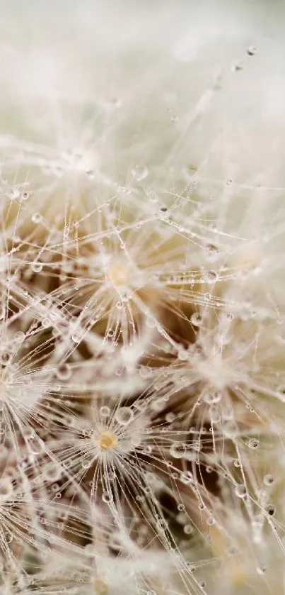 Close-up of a dandelion seed head with water droplets in a soft beige tone.