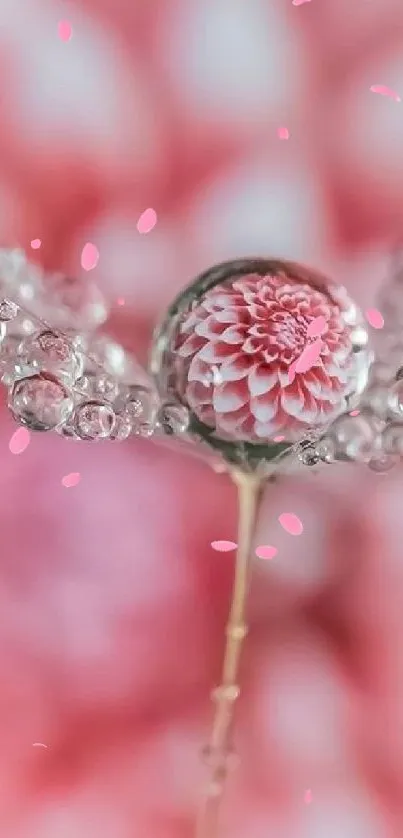 Delicate flower within a droplet on a pink background mobile wallpaper.