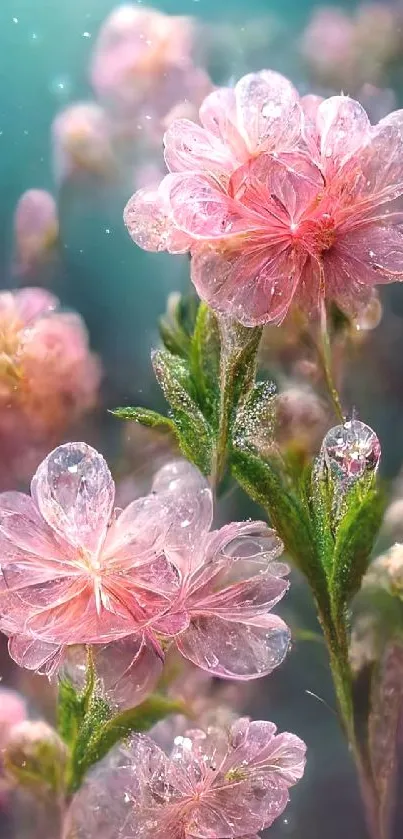 Delicate pink flowers with dew on a vibrant mobile wallpaper.