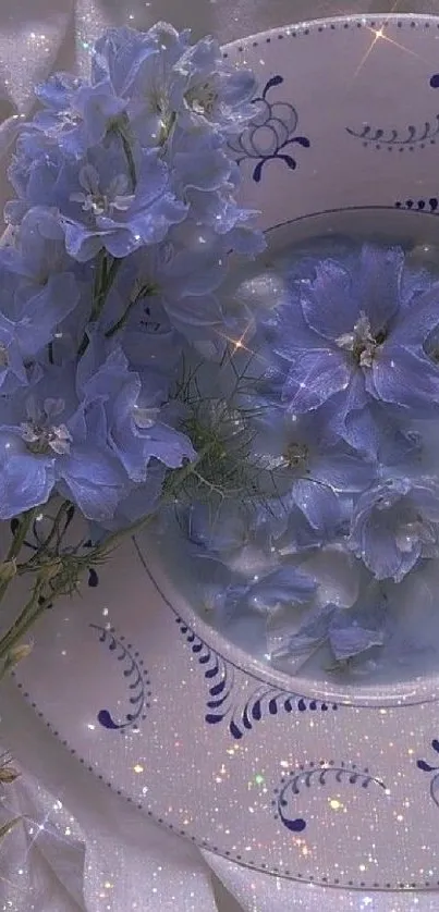 Delicate blue flowers on decorative plate wallpaper.