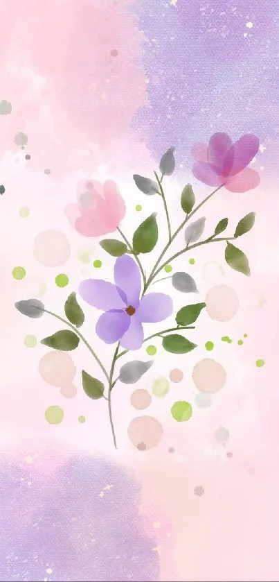 Watercolor wallpaper with pastel flowers and leaves on a lavender background.