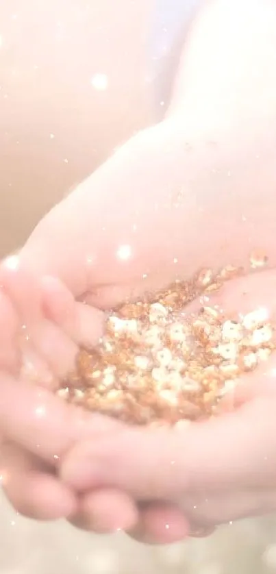 Hands holding shimmering glitter with a soft, pastel background.