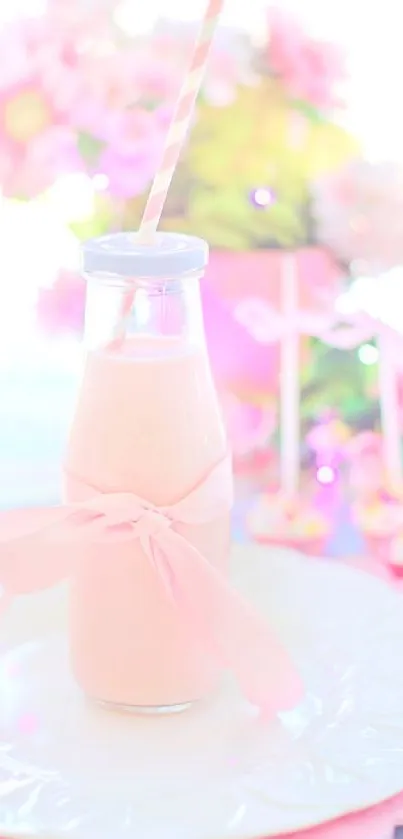 Pink milk bottle with ribbon, floral background.