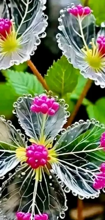 Intricate clear flower with vibrant pink petals.