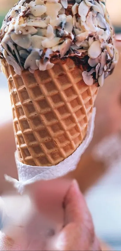 Close-up of almond ice cream cone with waffle texture.