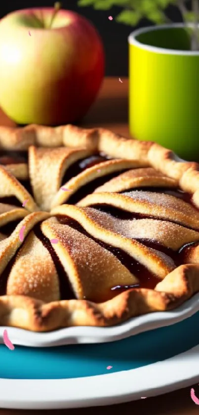 Golden brown apple pie with an apple and green mug in background.