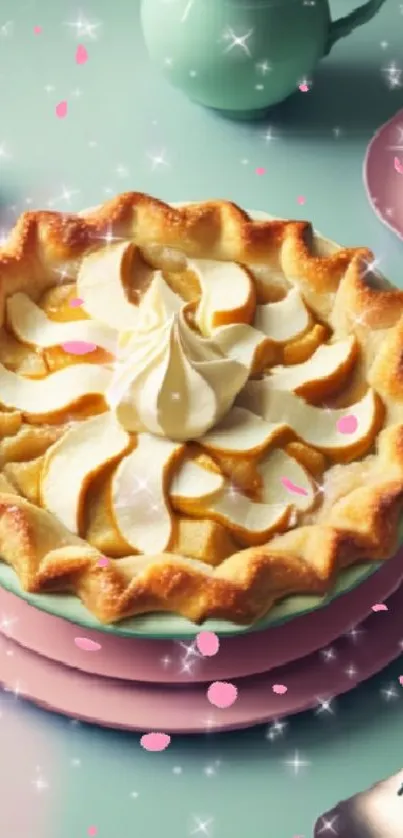 A visually appealing apple pie with cream on a pastel dish.