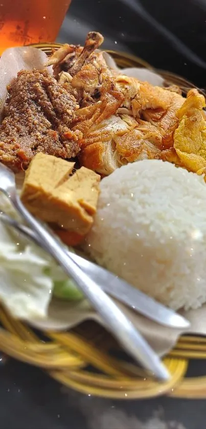 Plate of delicious Asian meal with iced tea on a table.