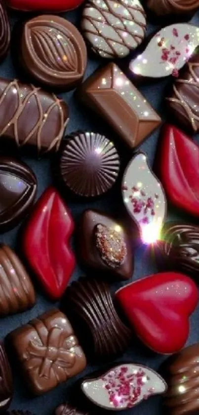 Assorted chocolates with elegant designs in vibrant hues for mobile wallpaper.