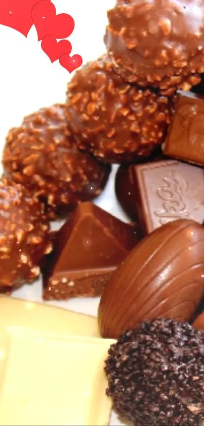 Assorted chocolates with a hint of red hearts on a white background.