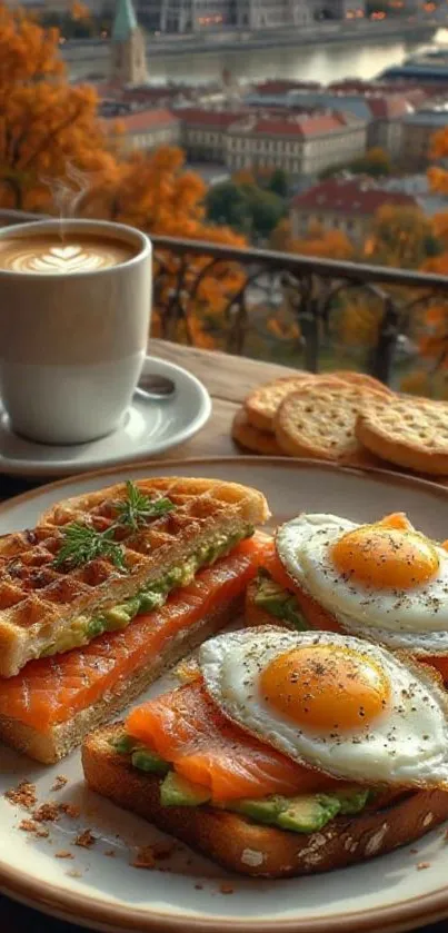 Autumn breakfast with salmon, eggs and coffee.
