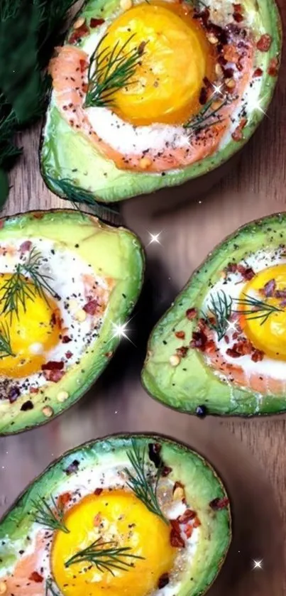 Avocado halves with eggs and herbs on a wooden surface.