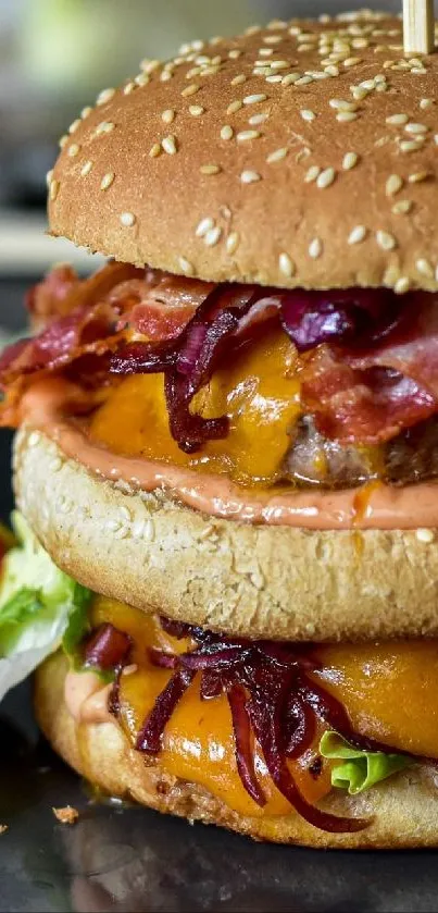 Delicious double bacon cheeseburger with lettuce and tomato.