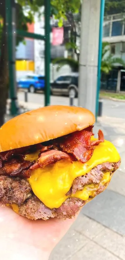 Hand holding bacon cheeseburger with cheese dripping.