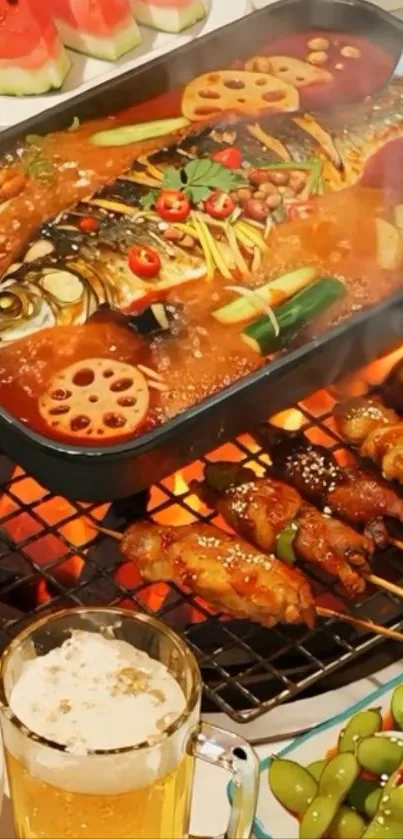 Grilled BBQ feast with colorful vegetables and drinks.