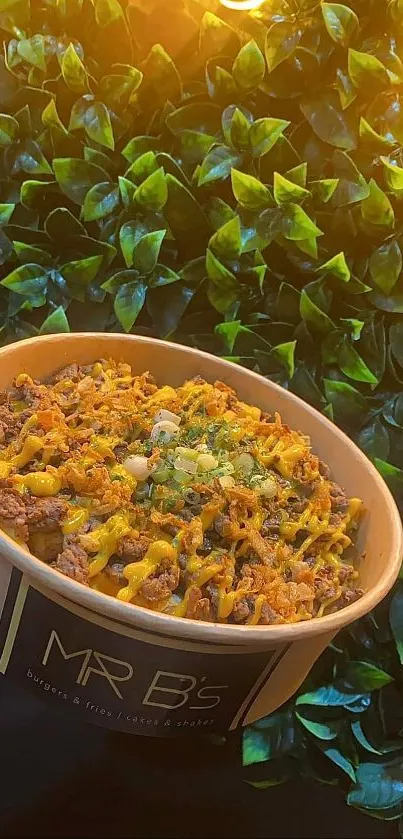 Delicious beef bowl with cheese against green leaves.