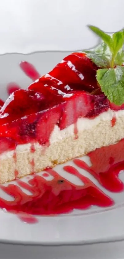 A tempting piece of berry cake with a red glaze and mint on a white plate.