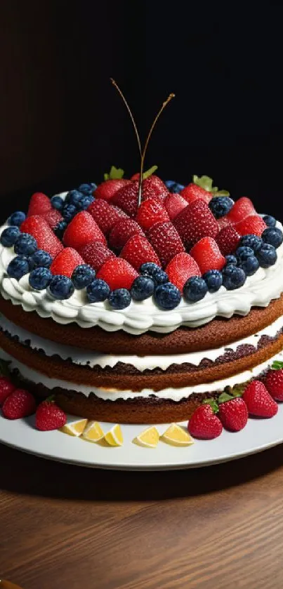 A vibrant berry cake with cream layers on a white platter.