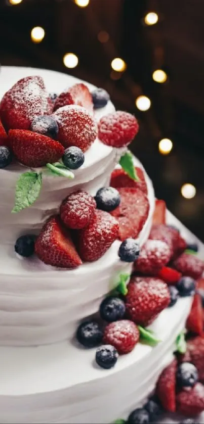 Three-tier berry cake with strawberries and blueberries on top.