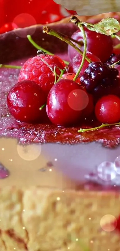 Vibrant berry cheesecake topped with fresh red fruits.