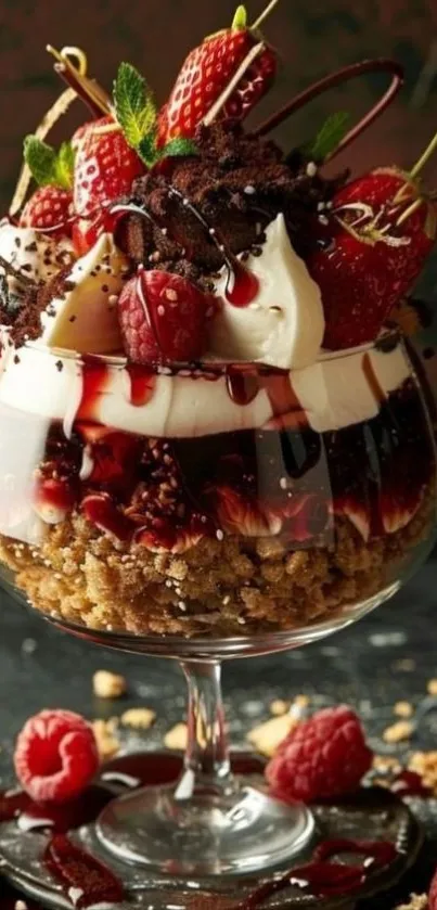 Mouth-watering berry dessert with cream and chocolate.