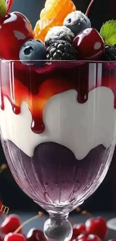 Glass of mixed berries and layered dessert.