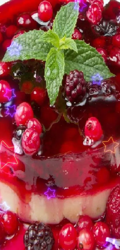 Vibrant berry dessert with mint garnish on a plate.