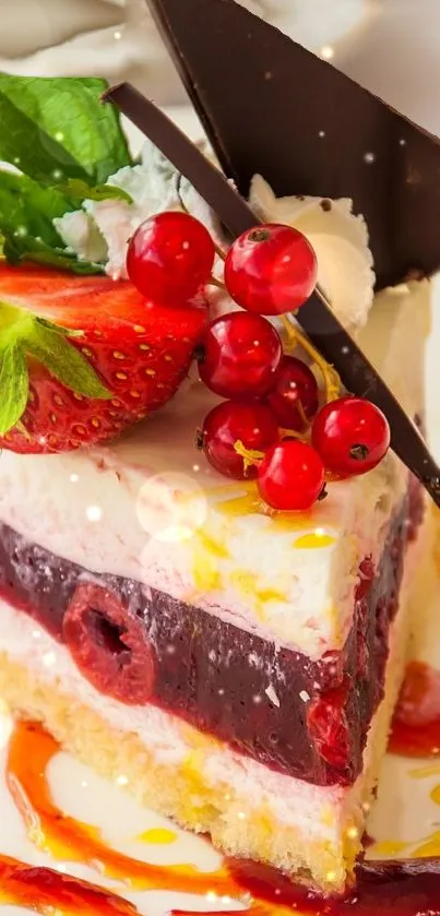 Delicious dessert with berries and chocolate slices.